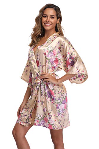 iFigure Women Floral Kimono Robe Satin Bridal Dressing Gown Bride Bridesmaid Robes Sleepwear, Champagne gold, S