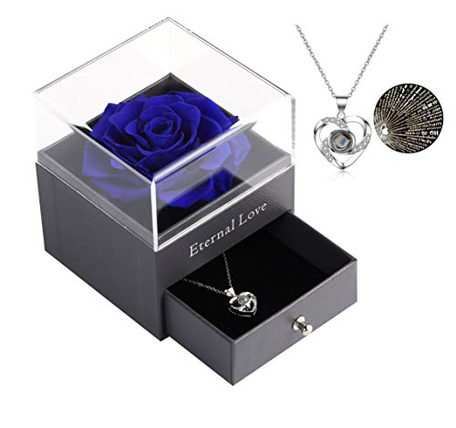 Ocosy Mothers Day Flower Gifts for Her, Preserved Real Flower Rose with Silver-Tone Heart Necklace I Love You in 100 Languages Gift Set, Enchanted Flower Rose Gifts, Blue