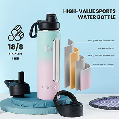 COKTIK Insulated Stainless Steel Water Bottle With Straw Lid, 22 oz Wide Mouth Double Wall Vacuum Insulated Water Bottle Leakproof Lightweight for Hiking, Biking, Running(Bubble Gum)