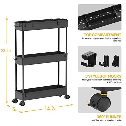 SPACELEAD Slim Storage Cart,3 Tier Bathroom Rolling Slide Out Utility Cart, Mobile Shelving Unit Organizer Trolley for Office Bathroom Kitchen Laundry Room Narrow Places, Black