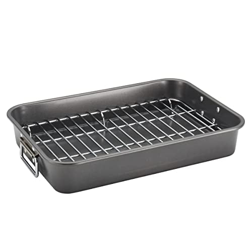 Farberware Bakeware Nonstick Steel Roaster with Flat Rack, 11-Inch x 15-Inch, Gray