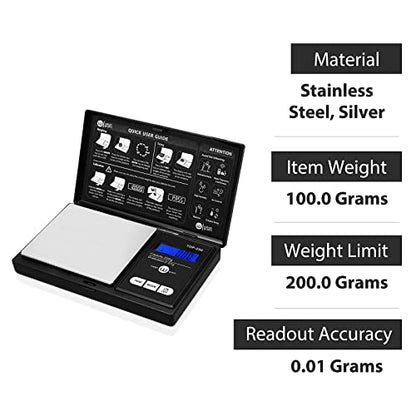 Weigh Gram Scale Digital Pocket Scale,200g x 0.01g,Digital Grams Scale, Food Scale, Jewelry Scale Black, Kitchen Scale With100g Calibration Weight