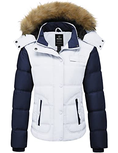 Wantdo Women's Waterproof Bubble Coats Casual Fur Hooded Puffer Jacket (White & Navy, Large)