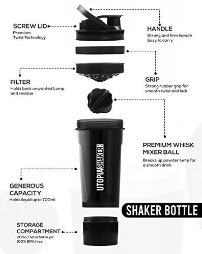 Utopia Home 2-Pack Shaker Bottle - 24 Ounce Protein Shaker Plastic Bottle for Pre & Post workout with Twist and Lock Protein Box Storage(All Black & Clear/Black)