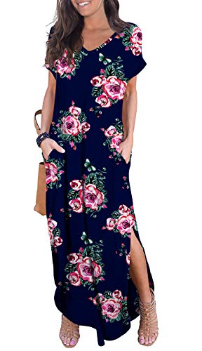 GRECERELLE Women's Casual Loose Long Dress Short Sleeve Floral Print Maxi Dresses with Pockets FP-Navy Blue Medium