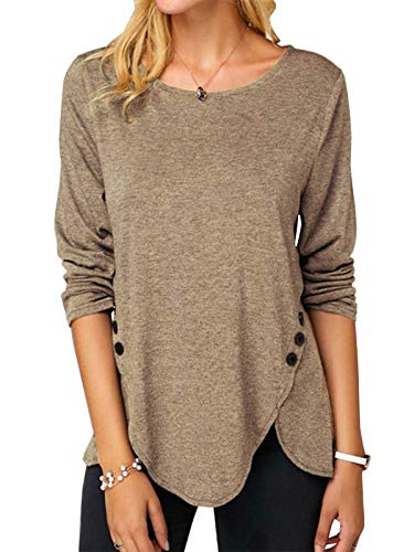 Womens Casual Long Sleeve Tunic Shirts Round Neck Button Side Blouses Tops Coffee