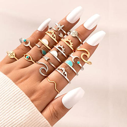 FUTIMELY Boho Retro Stackable Rings Sets for Teens Girls Women,Peak Sea Wave Compass Turquoise Rhinestone Knuckle Joint Finger Kunckle Nail Ring Sets (:1：19PC)