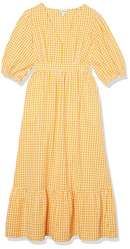 The Drop Women's Calie V-Neck Puff Sleeve Maxi Dress, Mango/White, S