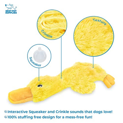 Best Pet Supplies Crinkle Dog Toy for Small, Medium, and Large Breeds, Cute No Stuffing Duck with Soft Squeaker, Fun for Indoor Puppies and Senior Pups, Plush No Mess Chew and Play - Yellow