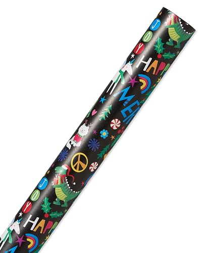 American Greetings 175 sq. ft. Reversible Black Christmas Wrapping Paper For Kids, Dinosaurs, Yetis and Unicorns (1 Jumbo Roll 30 in. x 70 ft.)