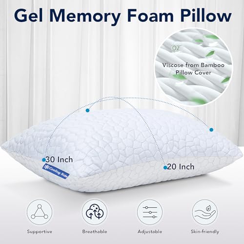 QUTOOL Cooling Pillows for Sleeping, Memory Foam Pillows 2 Pack, Bed Pillows King Size Set of 2 Gel Infused Adjustable Pillow with Bamboo & Cooling Pillow Cover Firm Pillow for Side and Back Sleepers