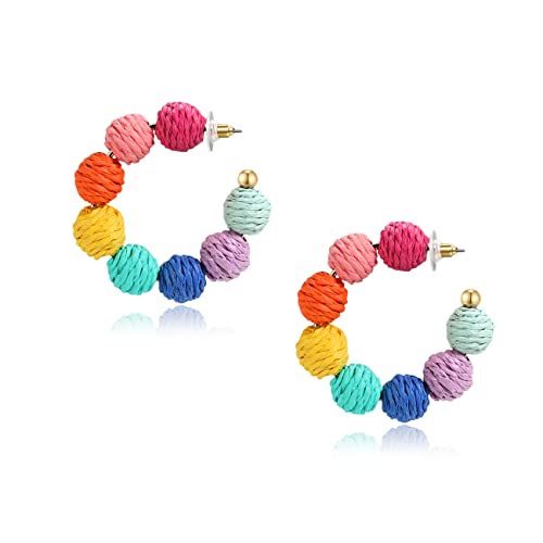 stainless steel Rattan Earrings Summer Boho Raffia Ball Hoop Dangle Earrings for Women Girls Lightweight Straw Wicker Statement Earrings Bohemian Beach Earrings Jewelry Gifts (Colorful)