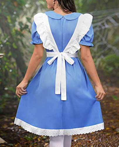 Women Blue White Alice Princess in Costume Wondeful Princess Costume Deluxe Halloween Dress Short Sleeve M