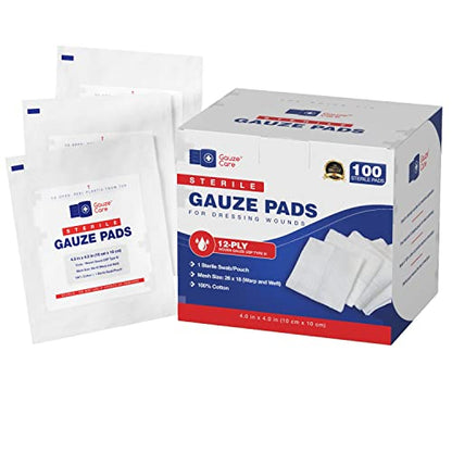 100pc Large Gauze Pads 4x4 Sterile for Wounds Bulk - 12ply Woven USP IV Thick Breathable Mesh Gauze Sponges for Enhanced Absorption - First Aid Medical