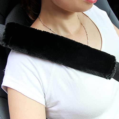 Amooca Soft Faux Sheepskin Seat Belt Shoulder Pad for a More Comfortable Driving, Compatible with Adults Youth Kids - Car, Truck, SUV, Airplane,Carmera Backpack Straps 2 Packs Black