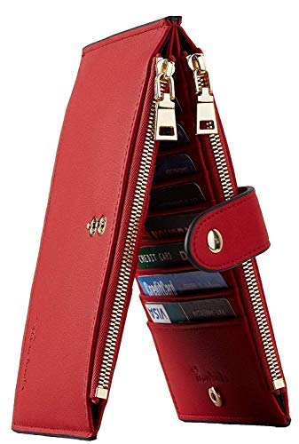 Travelambo Womens Walllet RFID Blocking Bifold Multi Card Case Wallet with Zipper Pocket Genuine Leather (Red Classic)