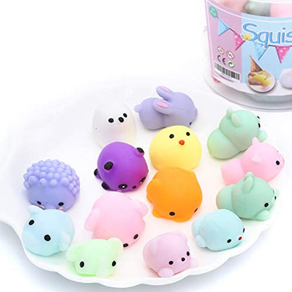 KINGYAO Squishies Squishy Toy 24pcs Party Favors for Kids Mochi Squishy Toy moji Kids Mini Kawaii squishies Mochi Stress Reliever Anxiety Toys Easter Basket Stuffers fillers with Storage Box