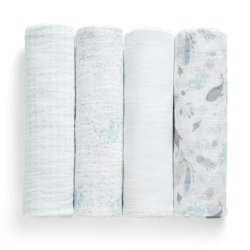 Delta Children 100% Cotton Muslin Baby Receiving Blankets for Girls and Boys – 47x47 Inches (Pack of 4), Sea Life