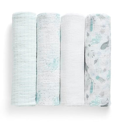 Delta Children 100% Cotton Muslin Baby Receiving Blankets for Girls and Boys – 47x47 Inches (Pack of 4), Sea Life