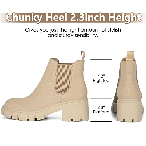 Athlefit Women's Chelsea Boots Fashion Lug Sole Chunky Heel Slip on Elastic Ankle Nude Booties Size 8