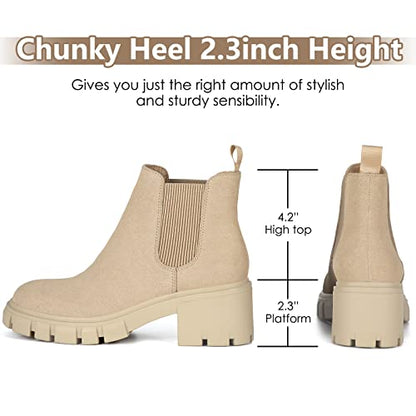 Athlefit Women's Chelsea Boots Fashion Lug Sole Chunky Heel Slip on Elastic Ankle Nude Booties Size 8