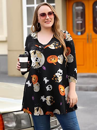 LARACE Plus Size Tops 3/4 Sleeve Halloween Shirts For Women V Neck Tunic Flare Swing Blouses Basic T-shirts(Flower42 3X)