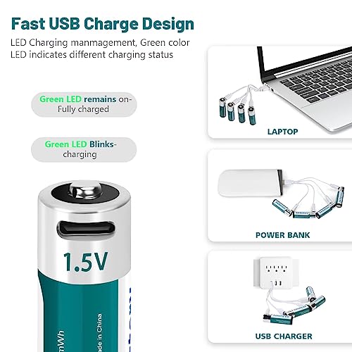 Fitinoch 8 Pack Rechargeable 1.5V Lithium AA Batteries with 4 in 1 USB C Charging Cable, Double A Size Battery 2600mWh for Blink Camera