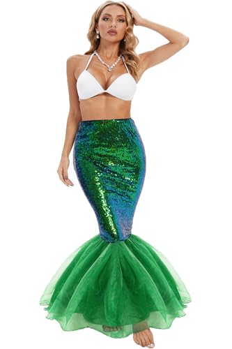 Funna Mermaid Costume for Women Sequin Tail Maxi Skirt Halloween Party Green, Medium