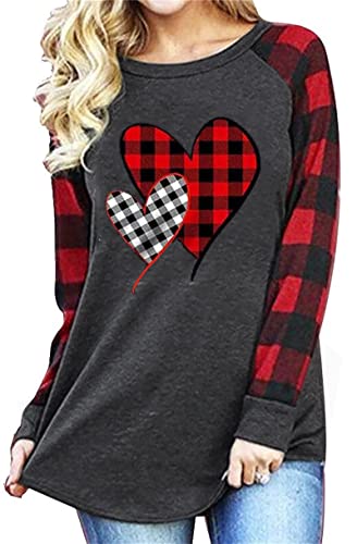 Valentine's Day Shirt Women Buffalo Plaid Love Heart Graphic Tees Letter Print Long Sleeve Tops Shirts (Grey, Medium)