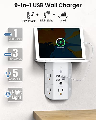 Mifaso Wall Outlet Extender with Shelf and Night Light,Surge Protector, Wall Charger with 5 USB Outlets and 3 USB Ports 1 USB C Outlet Wide Space 3-Sided Power Strip Multi Plug Outlets…