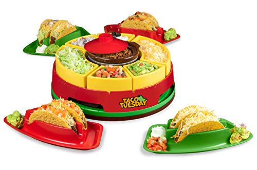 Taco Tuesday Heated Lazy Susan Taco Bar Serving Set for a Party with 4 Tortilla Holders, Fondue Pot for Burritos, Nachos, and Fajitas - 20 Oz. - Red