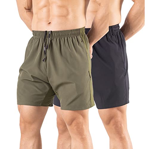 Gaglg Men's 5" Running Shorts 2 Pack Quick Dry Athletic Workout Gym Shorts with Zipper Pockets Black/Green,Large