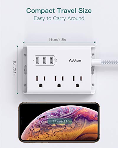 Power Strip with USB, Addtam ETL Certificate Flat Plug Extension Cord with 3 USB Ports, 3 Widely Spaced Outlets, 5 Feet Braided Cord, Desktop Small Travel Power Strip for Cruise Ship, Home, Office