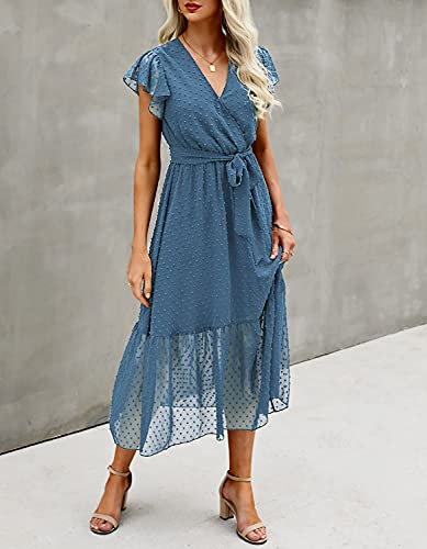 BTFBM Women Summer Bohemian Floral Casual Wrap V Neck Ruffle Cap Sleeveless Belt A-Line Pleated Hem Swing Midi Sun Dress (Swiss Dot Grey Blue, m)