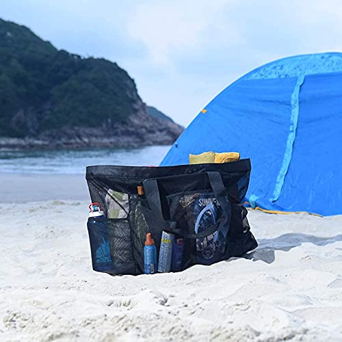 GOTDYA XL Mesh Beach Bags and Totes,Extra Large Beach Bag with Zipper and Pockets,Oversized Big Beach Duffle Bag for Towels Beach Toys,Ideal for Your Family Beach/Pool Trip-Black