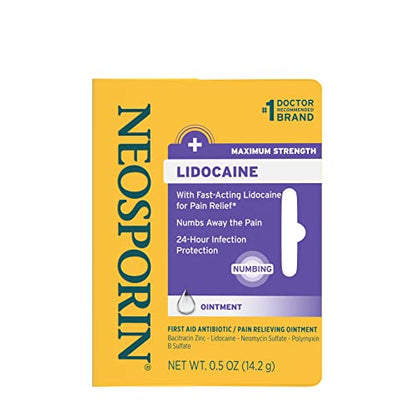 Neosporin + Lidocaine First Aid Antibiotic Ointment, Maximum Strength & Fast-Acting Topical Pain Reliever, 24-Hour Infection Protection That Numbs Away The Pain, Bacitracin Zinc, 0.5 oz