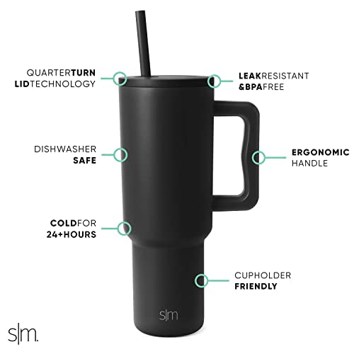 Simple Modern 40 oz Tumbler with Handle and Straw Lid | Insulated Cup Reusable Stainless Steel Water Bottle Travel Mug Cupholder Friendly | Gifts for Women Him Her | Trek Collection | Midnight Black