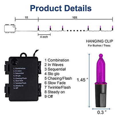 WATERGLIDE 2 Pack 50 LED Outdoor Halloween Lights, 16 FT Mini String Light with 8 Modes, Waterproof Battery Operated Tree Lights for Indoor Outdoor Patio Garden Party Wedding Decoration, Purple