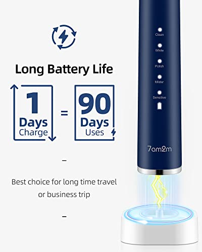 7AM2M Sonic Electric Toothbrush with 6 Brush Heads for Adults and Kids, One Charge for 90 Days, Wireless Fast Charge, 5 Modes with 2 Minutes Build in Smart Timer, Electric Toothbrushes(Navy Blue)