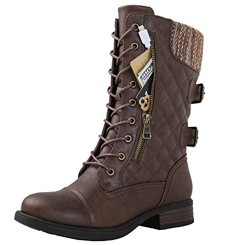 GLOBALWIN Women's Brown Mid Calf Fashion Boots Low Heels Boots Lace Up Combat Boots For Women 8M