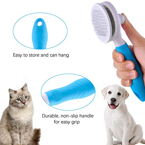 Cat Grooming Brush, Self Cleaning Slicker Brushes for Dogs Cats Pet Brush Tool Gently Removes Loose Undercoat, Mats Tangled Hair Massage-Self (Blue)