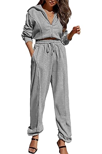 PRETTYGARDEN Women's 2 Piece Tracksuit Outfits Long Sleeve Zip Up Sweatshirt Drawstring Sweatpants Lounge Set (Grey,Medium)