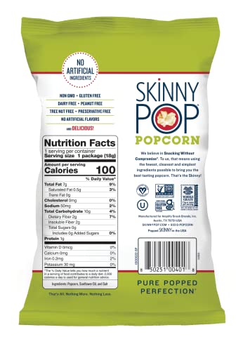 SkinnyPop Original Popcorn, Individual Snack Size Bags, Skinny Pop, Healthy Popcorn Snacks, Back to School Snack, Gluten Free, 0.65 Ounce (Pack of 30)