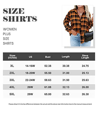 RITERA Plus Size Tops for Women Button Down Shirts Plaid Shacket Long Sleeve Collared Business Casual Fall Flannel Blouse Black Orange 2XL 18W 20W