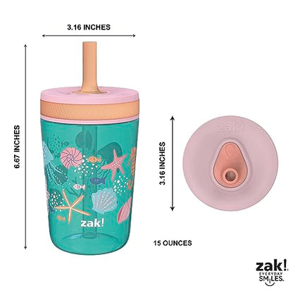 Zak Designs Kelso 15 oz Tumbler Set, (Shells) Non-BPA Leak-Proof Screw-On Lid with Straw Made of Durable Plastic and Silicone, Perfect Baby Cup Bundle for Kids (2pc Set)