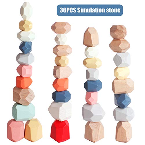 BESTAMTOY 36 PCS Wooden Sorting Stacking Rocks Stones,Sensory Toddler Toys Learning Montessori Toys, Building Blocks Game for Kids 2 3 4 5 6 Years Boy and Girl Birthday Gifts for Kids