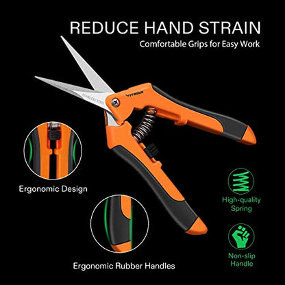 VIVOSUN 6.5 Inch Gardening Scissors Hand Pruner Pruning Shear with Straight Stainless Steel Blades Orange 3-Pack