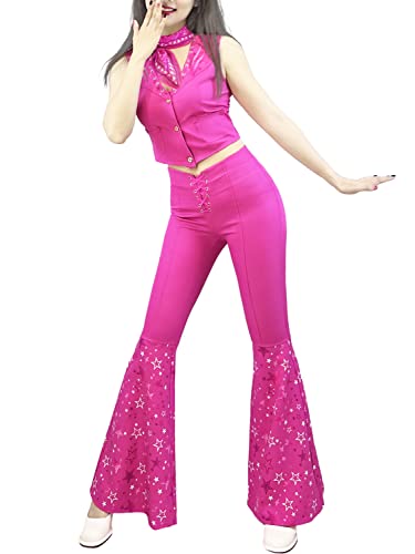 Naywig Cowgirl Outfit 70s 80s Hippie Disco Costume Pink Flare Pant Halloween Cosplay For Women Girls-Medium