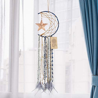 Dremisland Blue Dream Catcher Handmade Half Circle Moon Design Dream Catcher Feather Hanging with Star Home Decoration Ornament Festival Gift (Moon& Star)