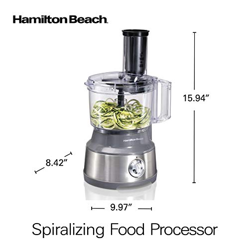 Hamilton Beach Food Processor & Vegetable Chopper for Slicing, Shredding, Mincing, and Puree, 10 Cups + Veggie Spiralizer makes Zoodles and Ribbons, Grey and Stainless Steel (70735)